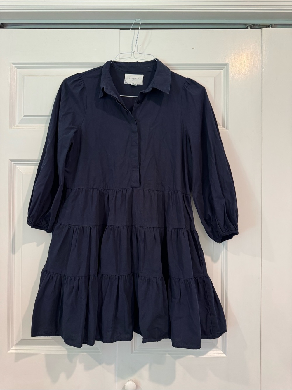 Pomander Place by Tuckernuck Navy Blue Mabel Cotton Tiered Shirt Dress Size S - Picture 3 of 15